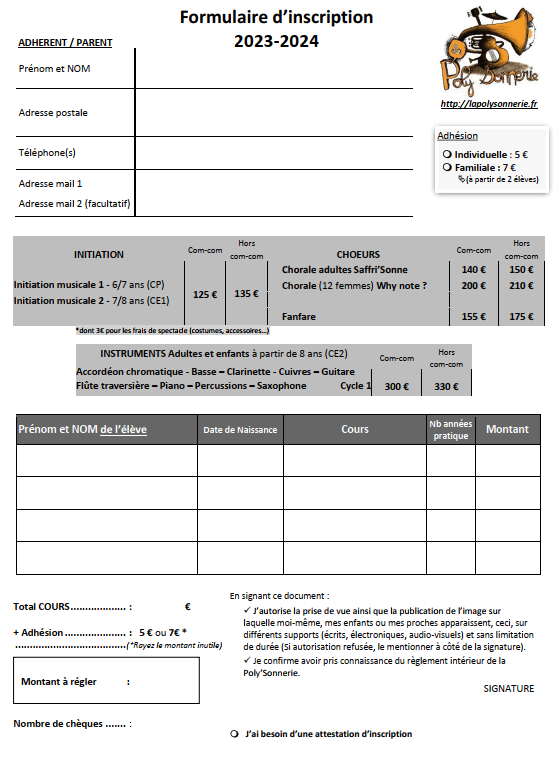 Formulaire Inscription 2023 / 2024 La Poly‘Sonnerie